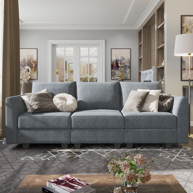 Canapé modulaire 3 places avec sièges de rangement, Mélange de polyester gris bleuté