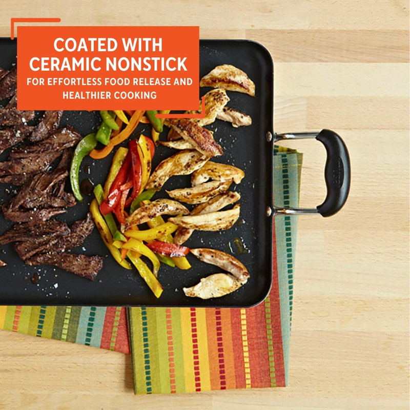 17x10in Aluminum Black Ceramic Double Burner Griddle With Cool Touch Handles, Black