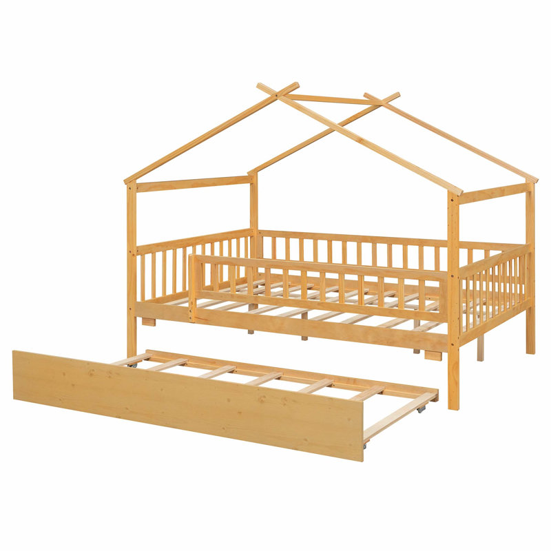 Lit double pleine grandeur en bois avec lit gigogne simple, naturel, Naturel