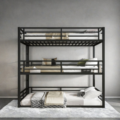 Queen Over Full XL Over Queen Bunk Bed, Metal Triple Bunk Bed With Safety Guardrails, Heavy-Duty Bunk Bed With Noise-Reduced Design