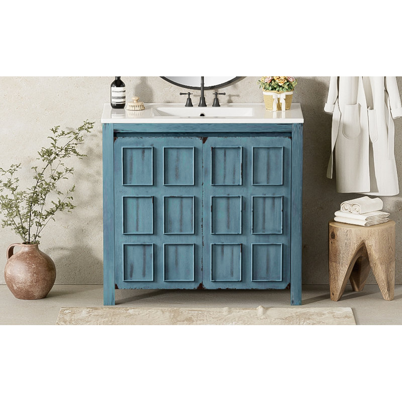 Meuble-lavabo 36 po avec lavabo en céramique, Bleu rétro