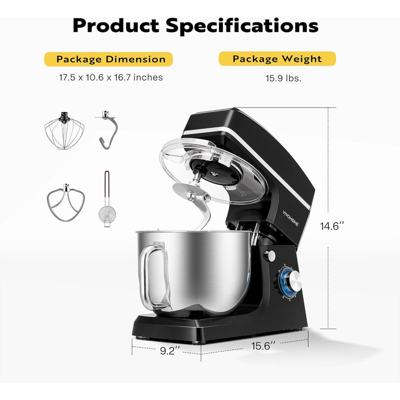 Vivohome 6 Speed 7.5 Qt. Stand Mixer with Mixer Accessory, Black