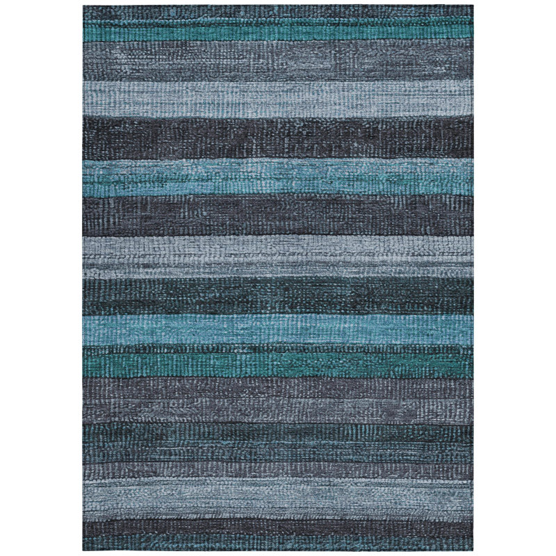 3' X 5' Teal Blue And Gray Striped Washable Indoor Outdoor Area Rug