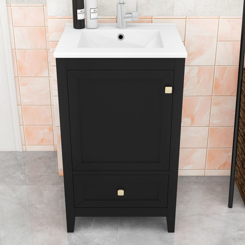 Meuble-lavabo de salle de bain avec lavabo en céramique, armoire à porte à fermeture douce, support de rangement et tiroir
