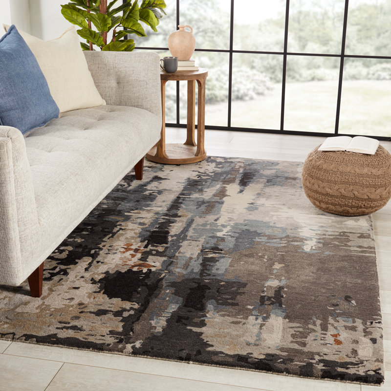 Tapis touffeté à la main à motif abstrait gris / noir / ivoire Marasco, Rectangle de 5 pi x 8 pi
