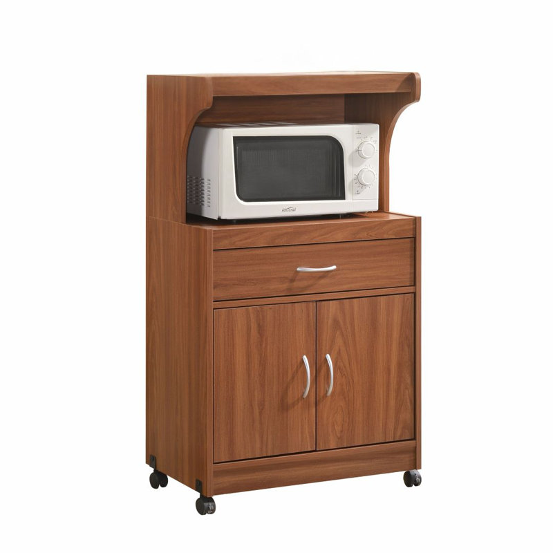 Rolling Kitchen Cart with  Microwave Shelf, Utensil Drawer, Interior Cabinet Storage Space and Locking Wheels, Cherry