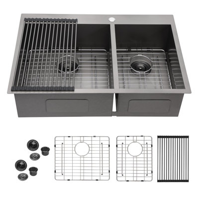 Gunmetal Black Double Bowl Kitchen Sink, 33" X 22" X 9", Drop-In, 16 Gauge Stainless Steel, Two 9" Deep Basins | Gift Idea