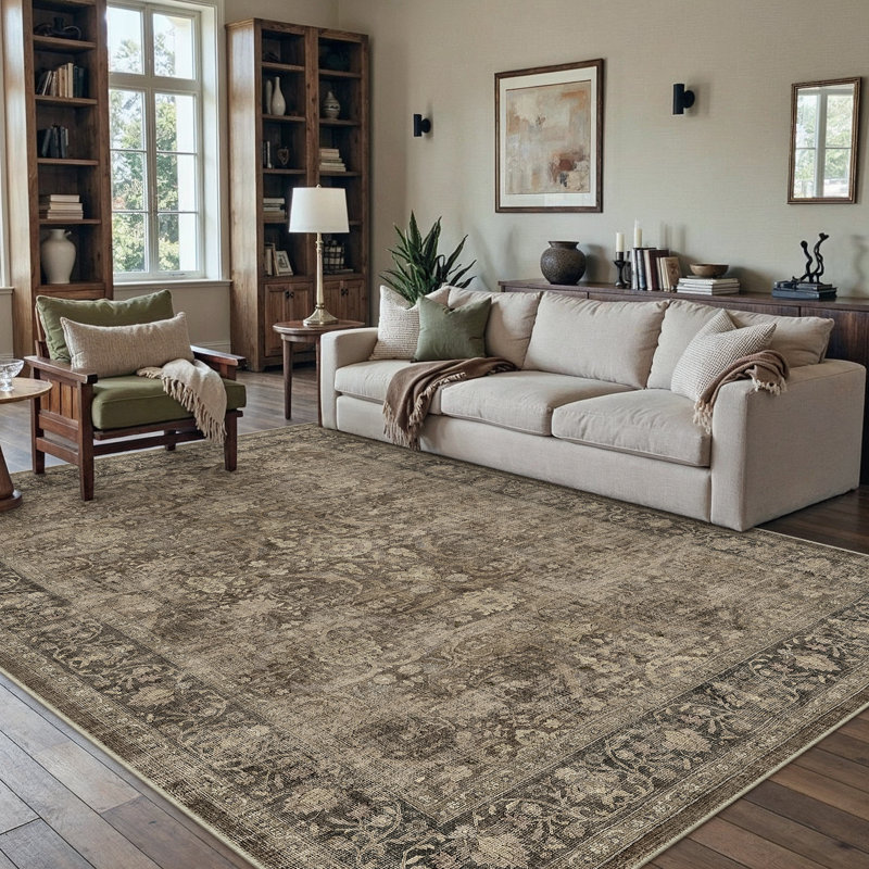 Tapis brun lavable rétro Bremerton avec envers antidérapant, Brun, Rectangulaire 3 pi x 5 pi