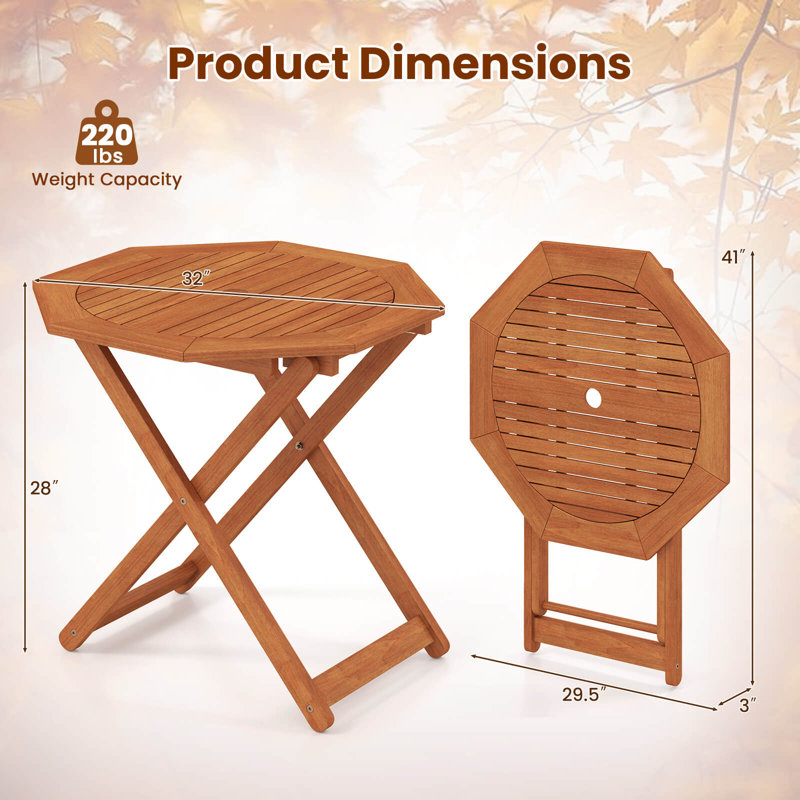 1 PCS Outdoor Patio Folding Wood Dining Table for 4 with 2" Umbrella Hole for Garden