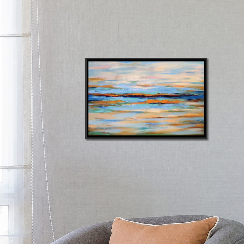 « abstract seascape », impression sur toile, H 18 po x l 26 po x P 1,5 po, Toile avec cadre noir, Pas de tapis