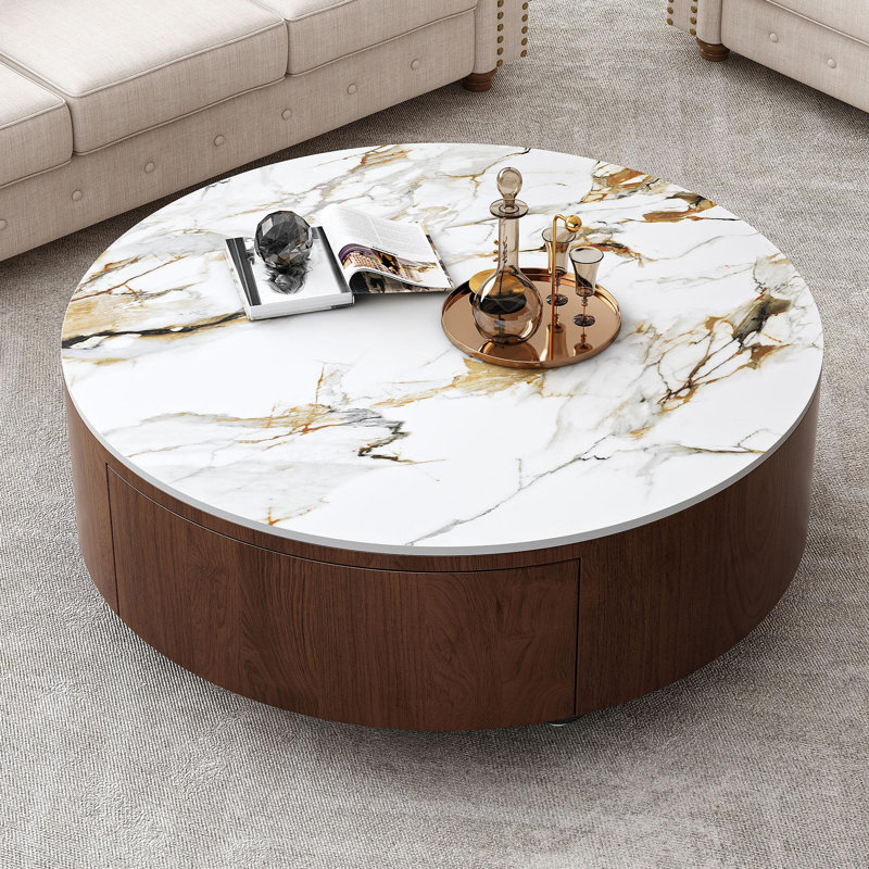 Round Wood Coffee Table With Faux Marble Tabletop