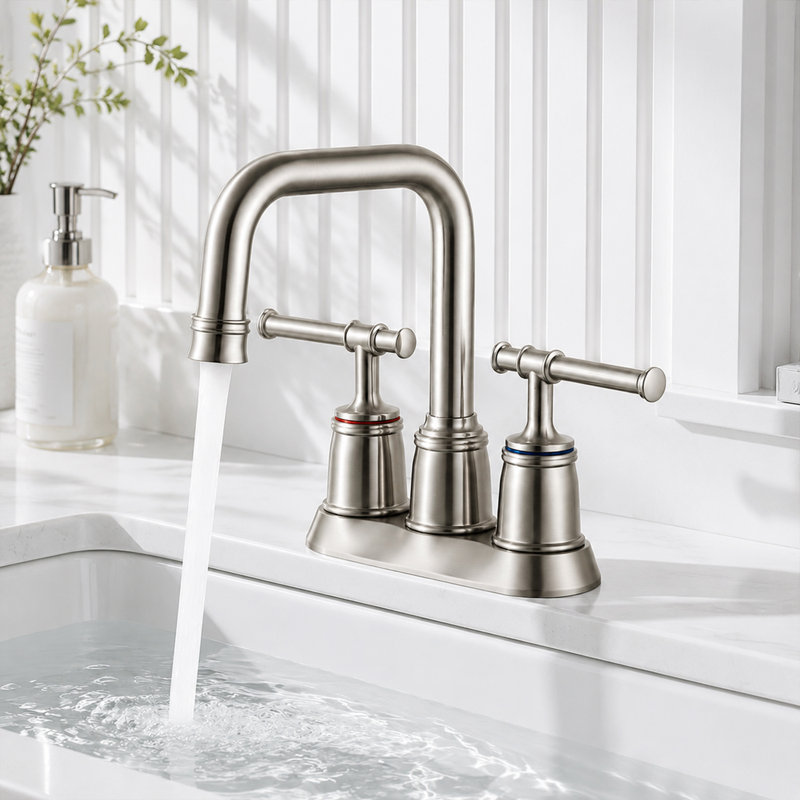 Robinet de salle de bain à 2 poignées avec bonde, Nickel brossé