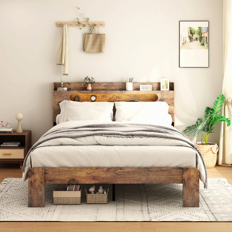 Structure de lit Structure de lit plateforme en bois avec tête de lit à DEL avec rangement et 2 ports USB, silencieux, aucun sommier nécessaire et outil d'assemblage facile, grand rangement sous le lit