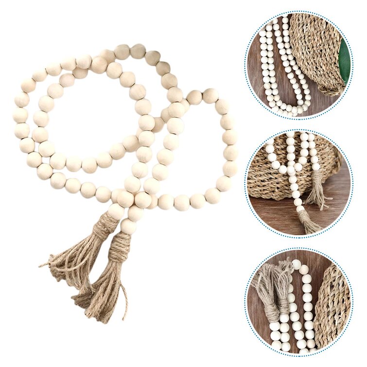 Wooden Bead Garland Farmhouse Rustic Country Tassle Prayer Beads Wall Hanging Decorations, Beige