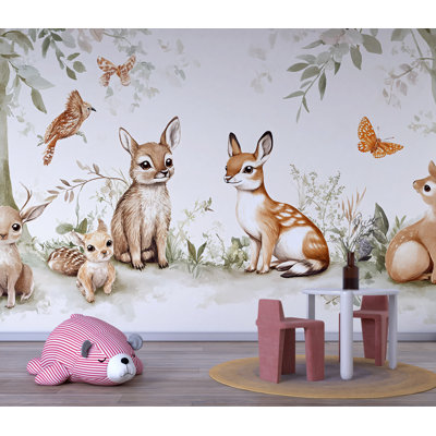 Mignon papier peint animaux de la forêt - cerf de forêt, lapins, écureuil dans un style aquarelle, adorable chambre de bébé ou chambre d'enfant sur fond mural