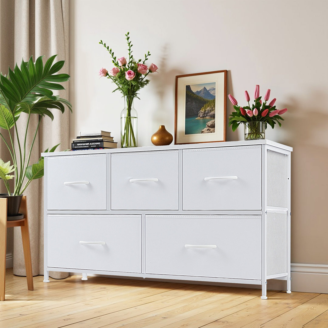 Dresser For Bedroom, 5 Storage Drawers, Wide Closet Chests Organizer Tower Furniture With Top Metal Frame For Clothes, Kids Room, Living Room, Hallway, Entryway Ebern Designs 