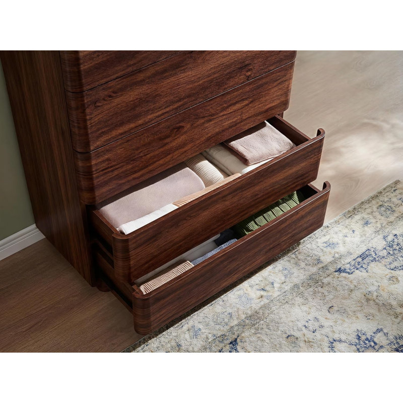 Commode 5 tiroirs moderne, large commode en bois, Noyer foncé