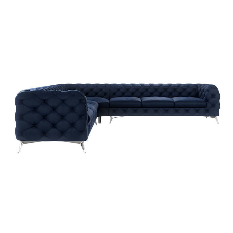 L-shape Corner Chesterfield Sofa  with Silver Metal Legs, Navy Blue