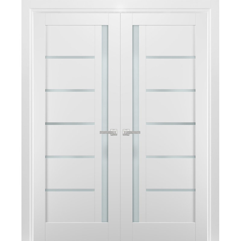 Portes françaises blanches en verre givré Quadro avec trousse de quincaillerie d'installation, 48 po x 80 po