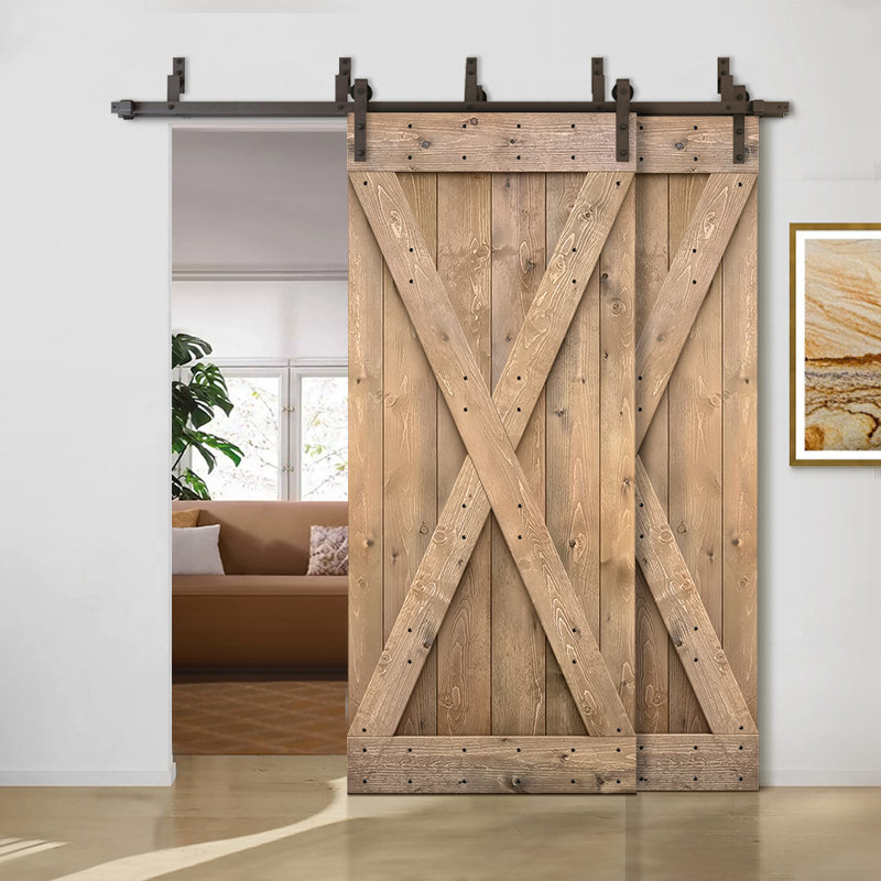 Porte de grange double à panneaux en bois teinté à panneau avec ensemble de quincaillerie coulissante, 48 po x 84 po