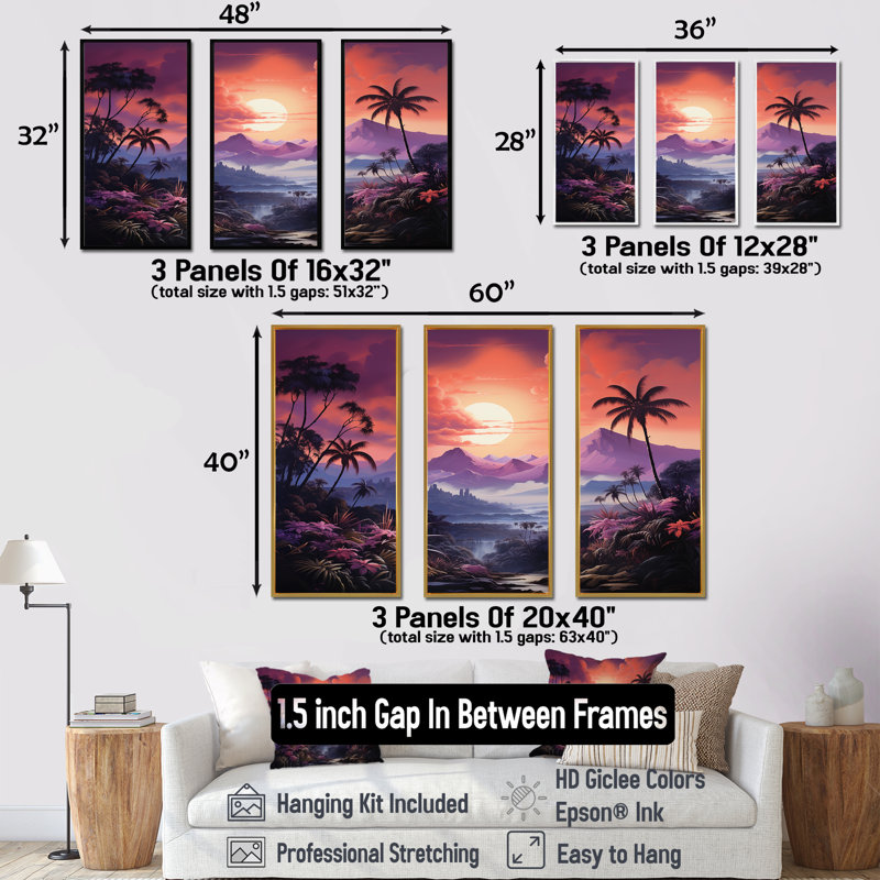 «Abstract Hawaii Palm Tree Sunset», ensemble d'art sur toile palmiers et palmiers, Cadre flottant blanc