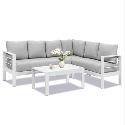 4-Piece Modern Aluminum Sectional Patio Conversation Set,  7-Seat Outdoor Sofa With  Thick Light Gray Cushions & White Frame And Coffee Table