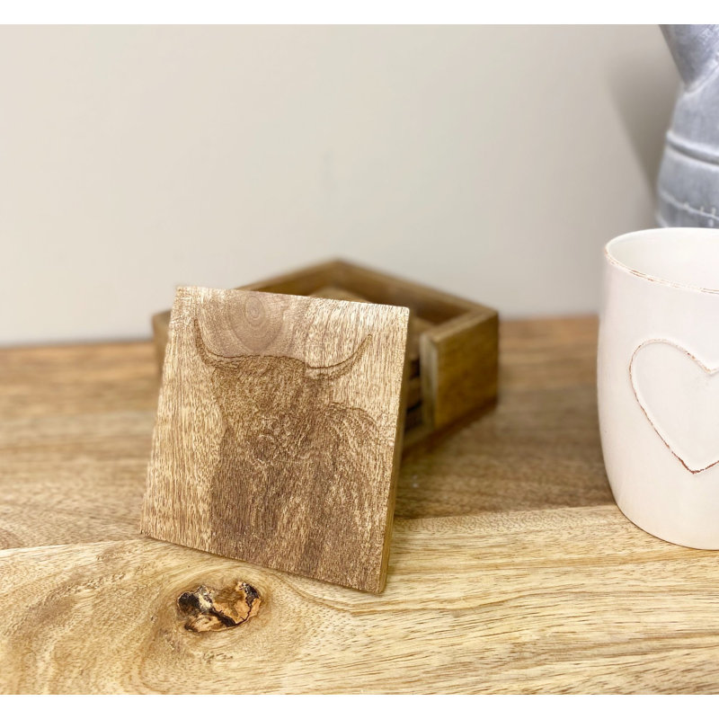 Wood Square 5 Piece Coaster Set With Holder