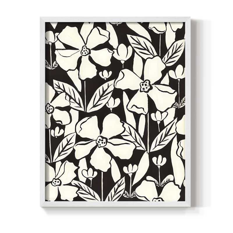 Fleurs dans le jardin II, reproduction encadrée - bois massif, H 30 po x l 24 po, Blanc