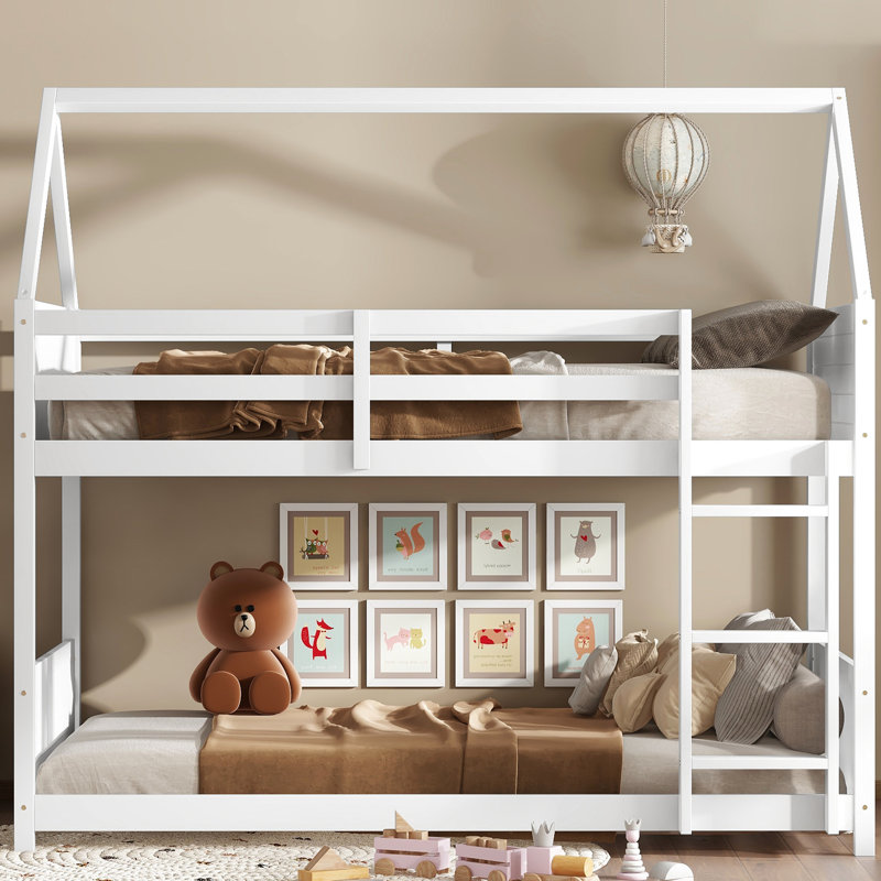 Lit simple superposé au-dessus d'un plancher en bois d'hévéa blanc - et style combiné pour les pieds de lit, Blanc