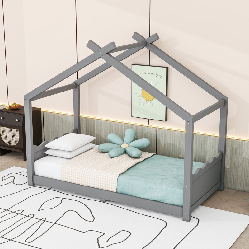Lit House House avec lattes et toit, Simple, Gris