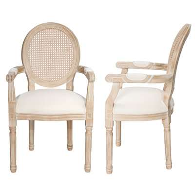 Amando High-End Beige French Country Dining Chairs With Arms & Natural Rattan Back