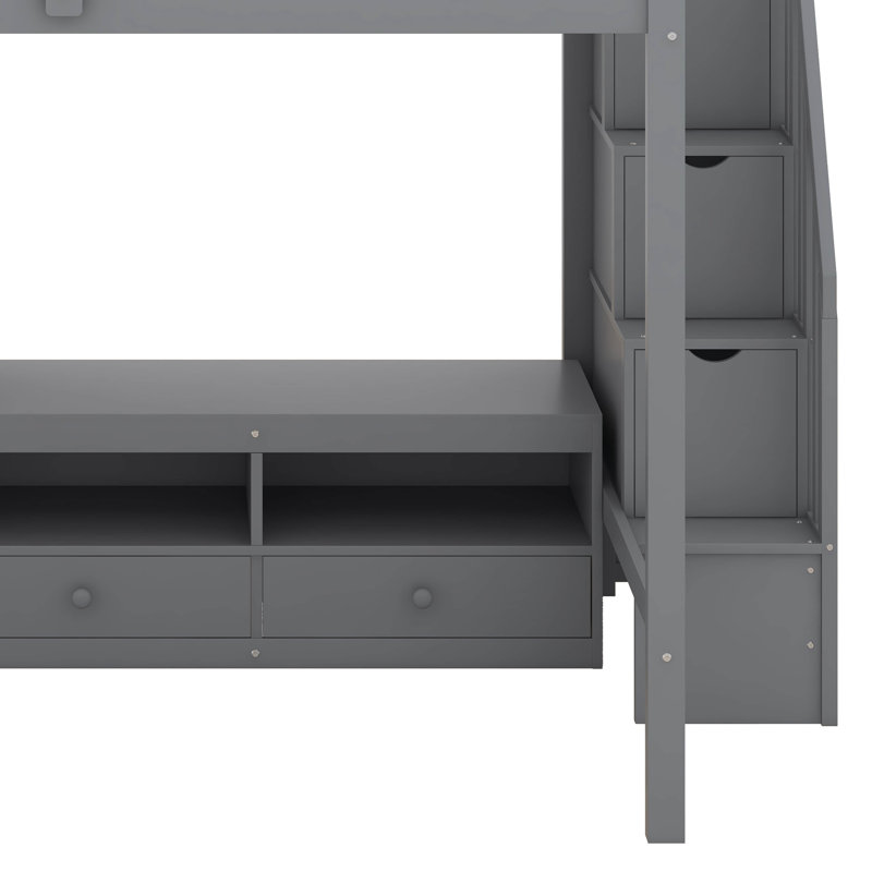 Full Size Loft Bed Frame With Wardrobe,Low Storage Table And Storage Staircase, Gray