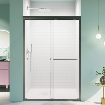 44"-48"W*72" H Semi-Frameless Double Sliding Shower Door, Bypass Shower Door, 1/4" (6Mm) Thick SGCC Tempered Glass Door, Matte Black