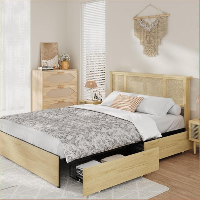 Bed Frame with Natural Rattan Headboard, Strong Wooden Slats, Sturdy Platform, Bohemian Cane Mattress Support, No Box Spring Needed, Combining Style a