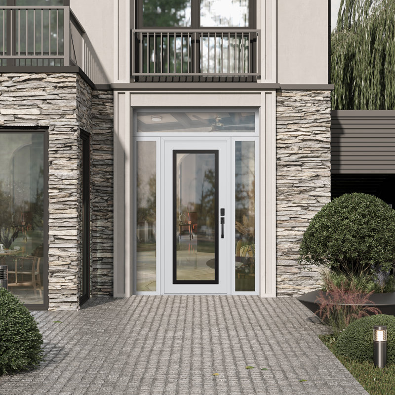 C1 Panel Black Steel White/White With 2 Sidelites And Transom Prehung Front Entry Door, 65.06" W x 95.69" H, Clear, Left