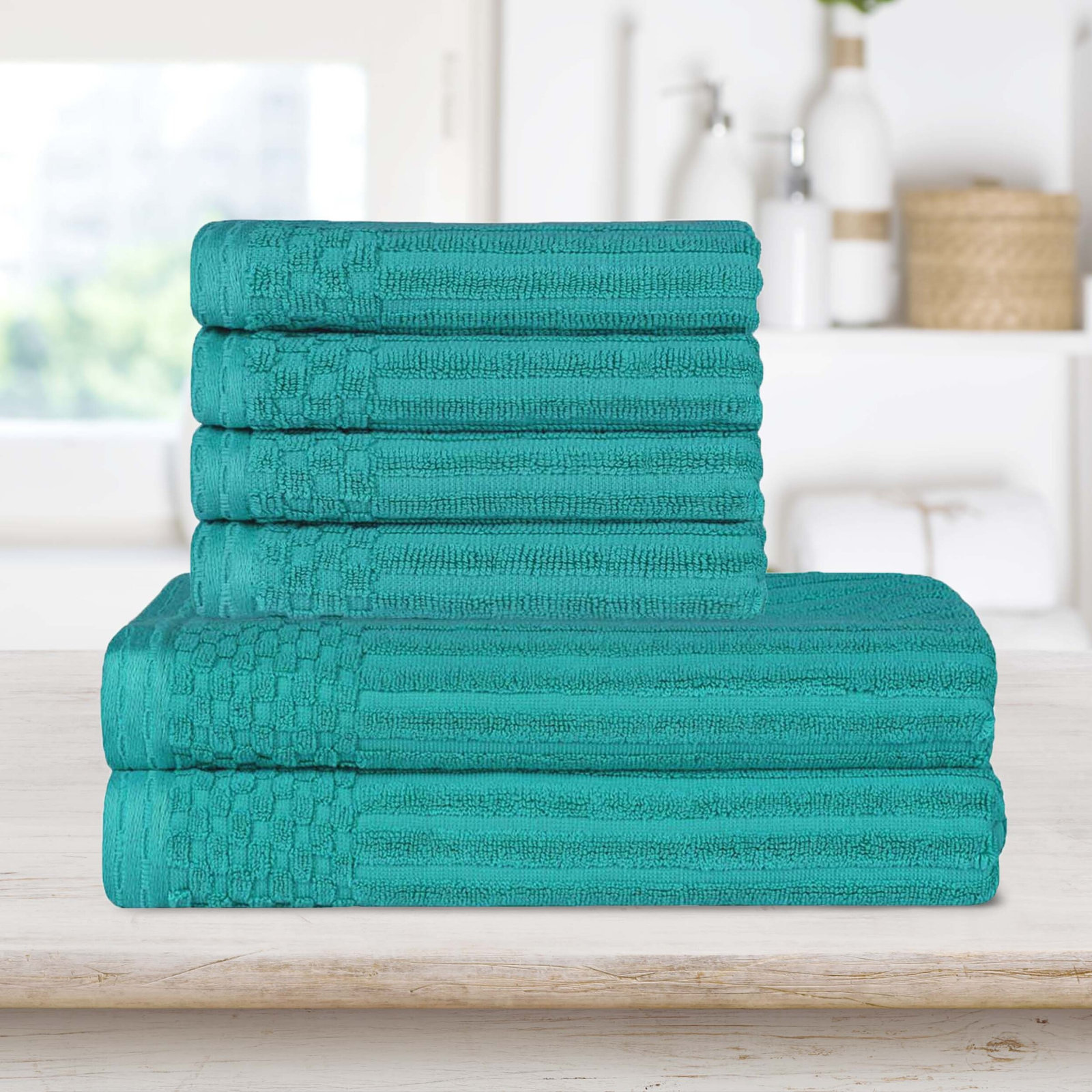 6-Piece Ribbed Cotton Towel Set, Turquoise