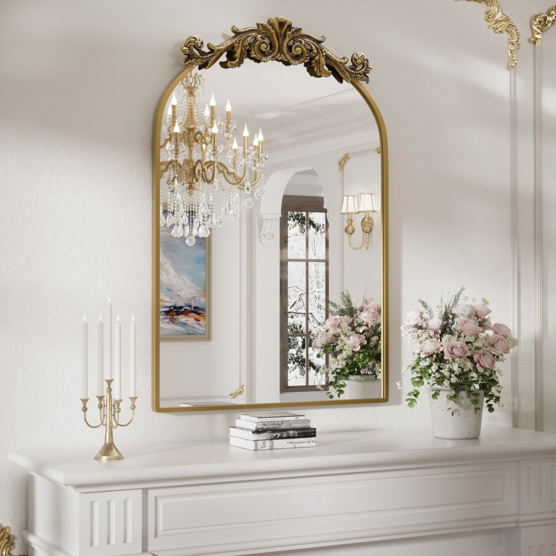 Vintage Bathroom Wall Mirror with Baroque Metal Frame for Elegant Decor, 36" x 24", Gold