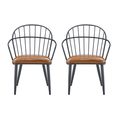 Industrial Brown Faux Leather Dining Chairs Set of 2, Windsor-Style Metal Arm Chairs with Matte Black Iron Legs, for Kitchen, Dining Room, or Cafe Use