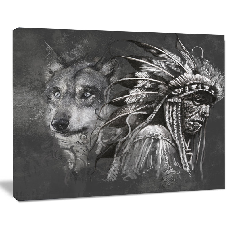 Loup et chef indien indien - impression sur toile tendue, H 12 po x l 20 po