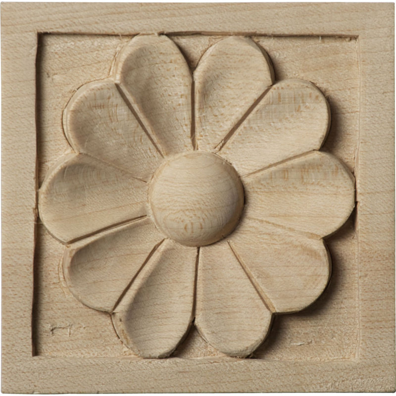 Medway Wood Rosette Applique, Small 3"W x 3"H x 5/8"P, Rubberwood