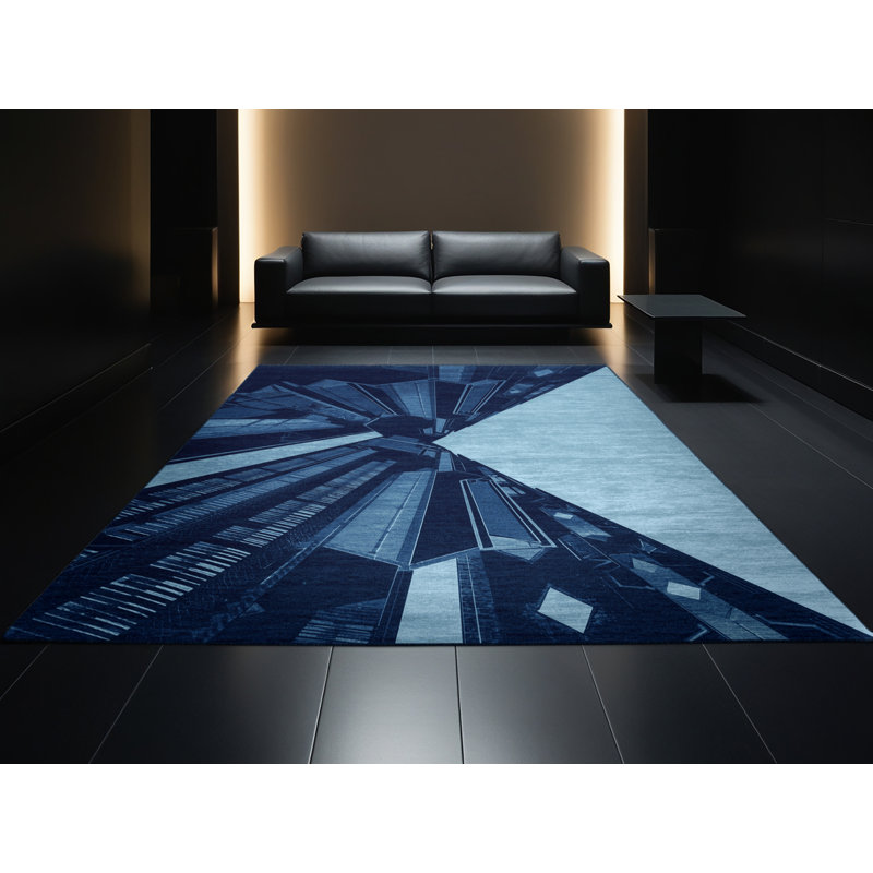 Tapis moderne et contemporain lavable à la machine à motif géométrique bleu et bleu marine Parez Lagos, 7 x 10
