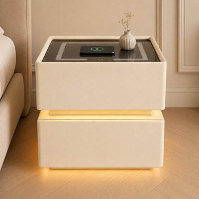 2 - Drawers Modern Nightstand with Wireless Charge, 3 Colors Night LED Lights, Sensor LED Light Kit (Fully Assembled)