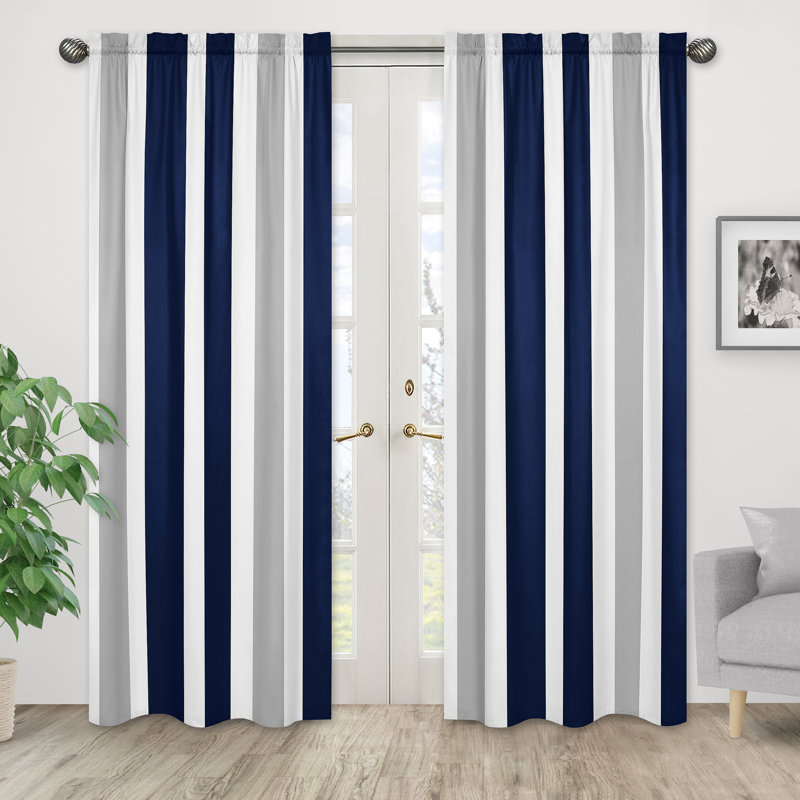 Paire de rideaux semi-transparents avec passe-tringle, Gris / bleu marine