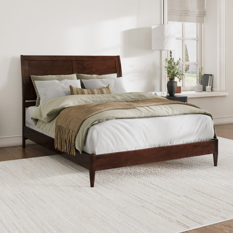 Ambrey Solid Wood Low Profile Sleigh Platform Bed with Matching Footboard, Walnut, Queen