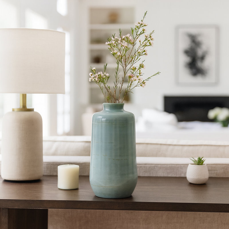Contemporary Round Pottery Flower Vase Accent for Table Decor - Minimalist Tall Vase Accent for Living Room, Shelf, and Office - Green