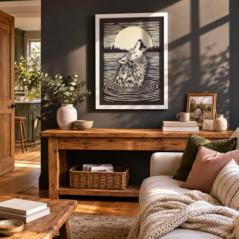 Wolf Under Moon Japandi - Print, A4 - 29.7 x 21.0 cm, White