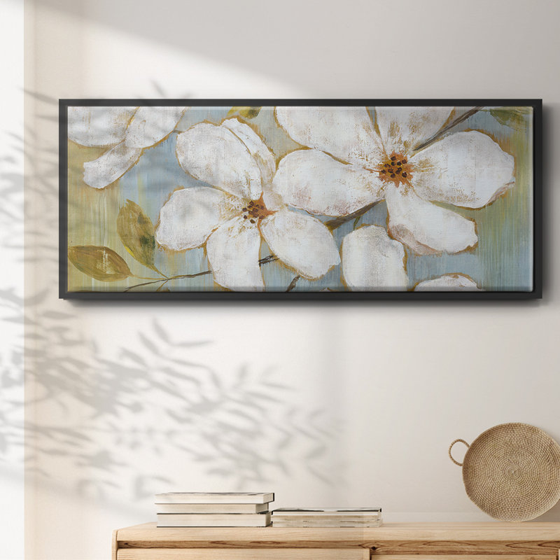 White Blossoms- Framed Canvas, 8" H x 20" W
