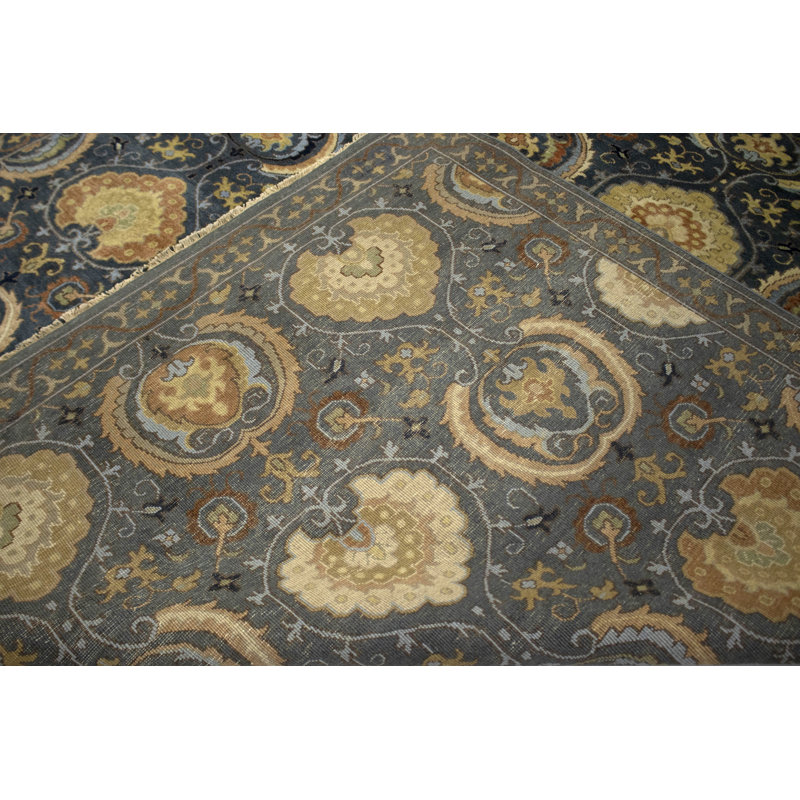Tapis ardoise foncé / crème / bleu en laine noué à la main Ikat