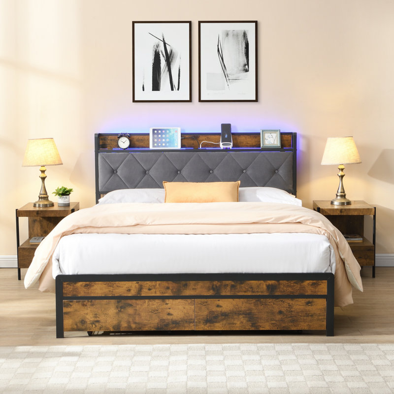 Structure de lit double avec tête de lit tapissier, lumières DEL, tiroirs de rangement, station de charge USB, sans sommier, assemblage facile, gris