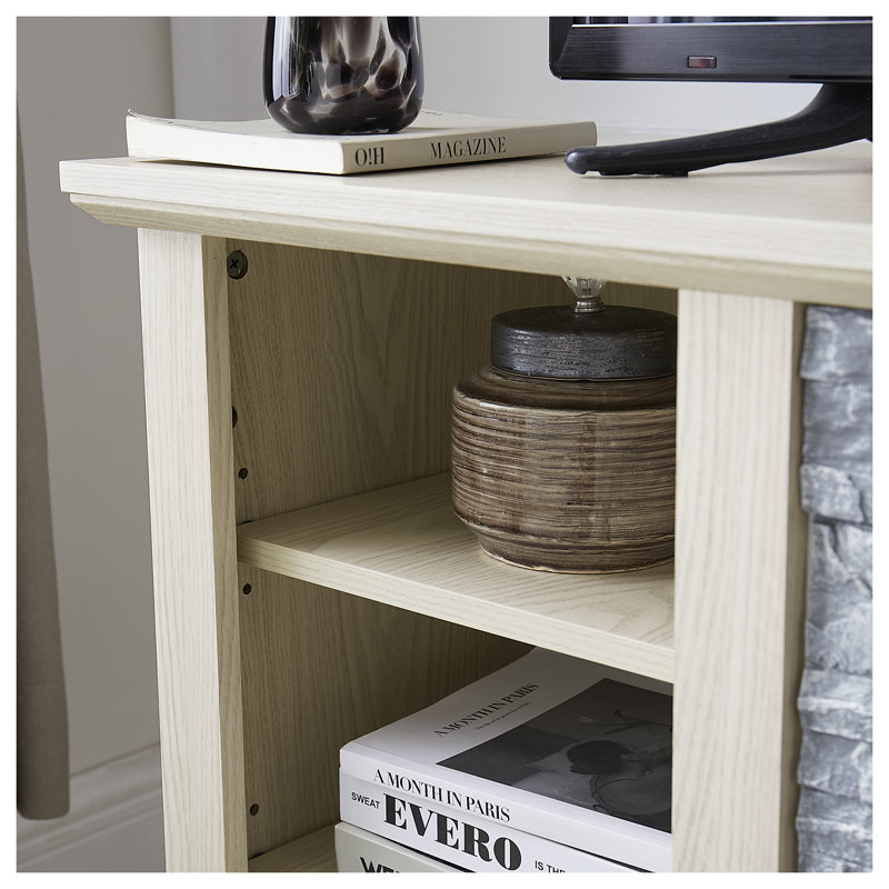 Meuble télé blanc en simili pierre empilable - Meuble audio-vidéo moderne avec rangement ouvert pour téléviseur de 65 pouces, console multimédia avec gestion des câbles